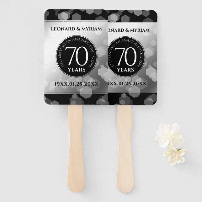 Elegant 70th Platinum Wedding Anniversary Hand Fan (Front and Back)