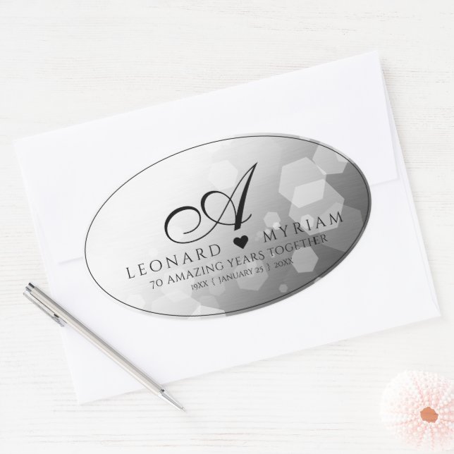 Elegant 70th Platinum Wedding Anniversary Oval Sticker (Envelope)