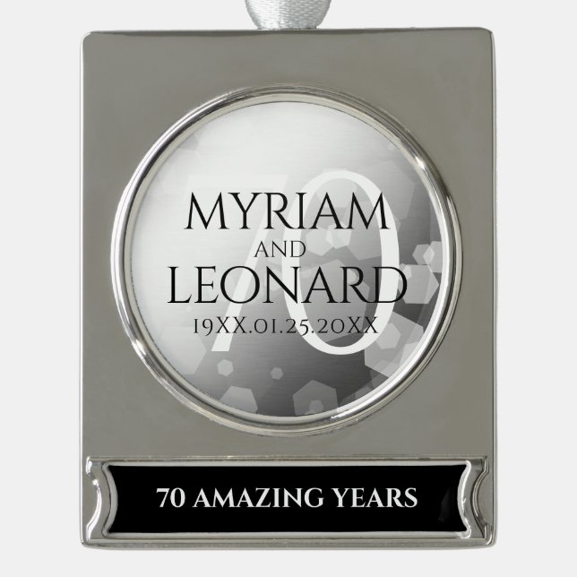 Elegant 70th Platinum Wedding Anniversary Silver Plated Banner Ornament (Front)