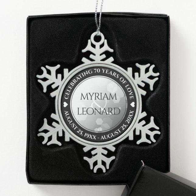 Elegant 70th Platinum Wedding Anniversary Snowflake Pewter Christmas Ornament (Box)