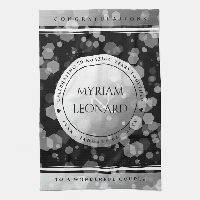 Elegant 70th Platinum Wedding Anniversary Tea Towel (Vertical)