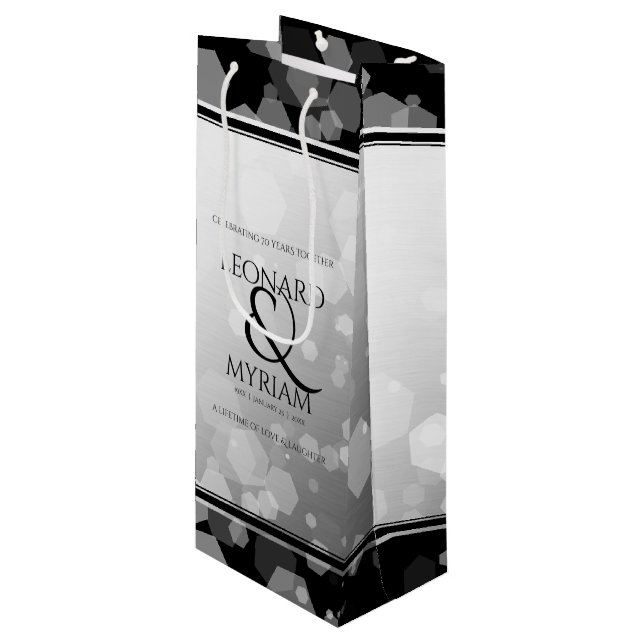 Elegant 70th Platinum Wedding Anniversary Wine Gift Bag (Front Angled)