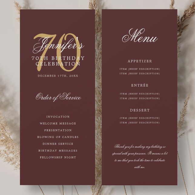 Elegant 70th Program Gold Burgundy Menu+Thank You Invitation (Elegant 70th Program Gold Burgundy Menu+Thank You)
