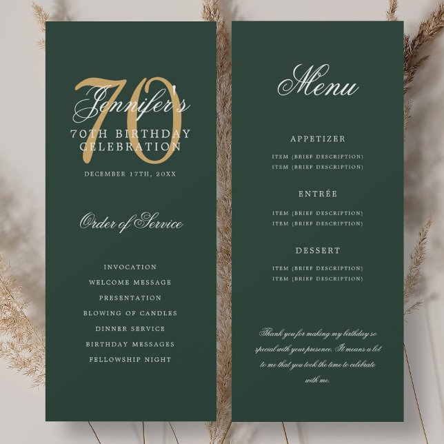 Elegant 70th Program Gold Green Menu+Thank You Invitation (Elegant 70th Program Gold Green Menu+Thank You)