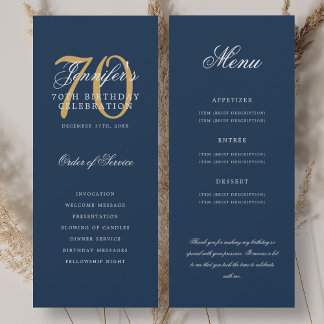 Elegant 70th Program Gold Navy Blue Menu+Thank You Invitation