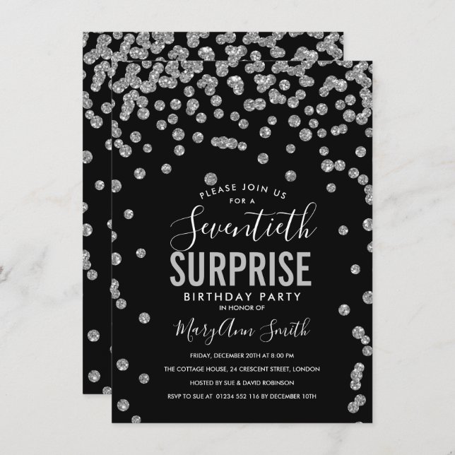 Elegant 70th Surprise Birthday Silver Black Invitation (Front/Back)