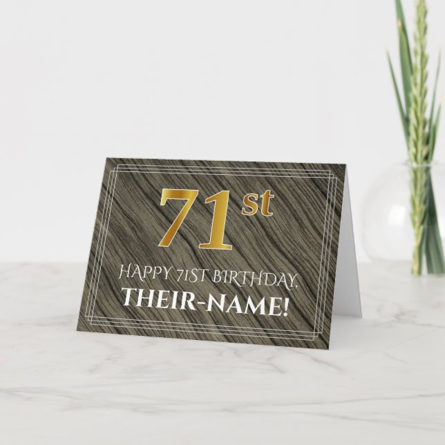 Elegant 71st Birthday: Faux Wood, Faux Gold Look Card (Front)