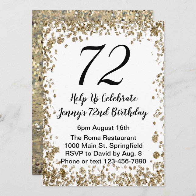 Elegant 72nd Birthday Invitation For Her in Gold (Front/Back)