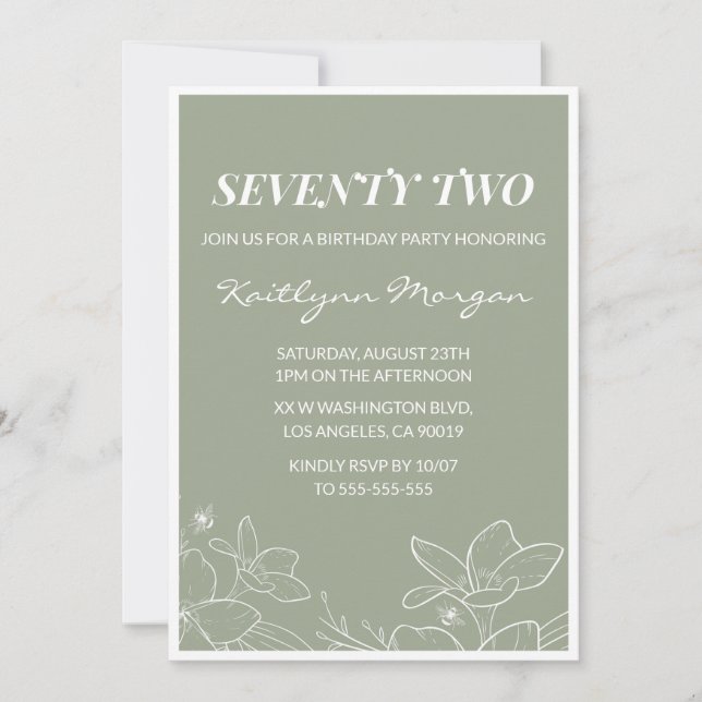 Elegant 72nd birthday invitations Floral Green (Front)