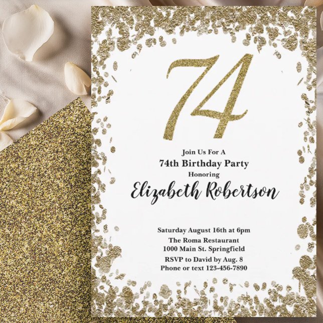 Elegant 74th Birthday Invitation With Gold Sequins (Creator Uploaded)