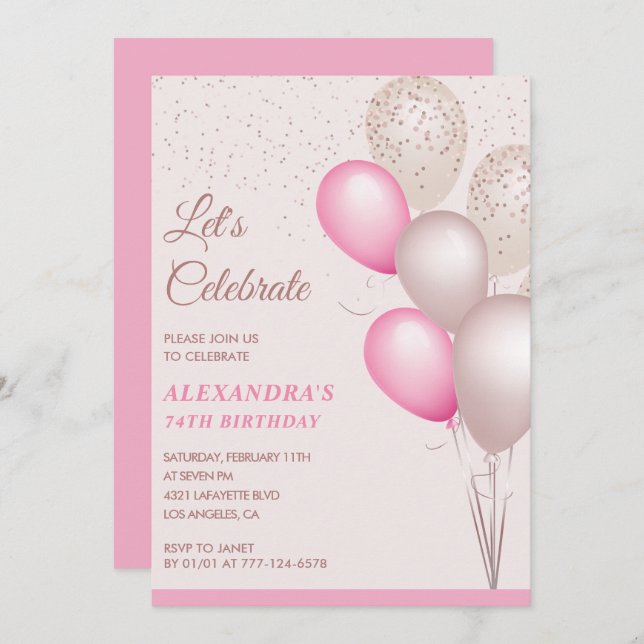 Elegant 74th birthday invitations Pink Balloons (Front/Back)
