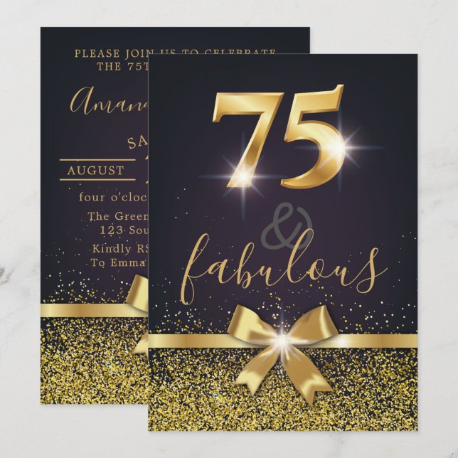 Elegant 75 & Fabulous Gold Glitter 75th Birthday Invitation (Front/Back)