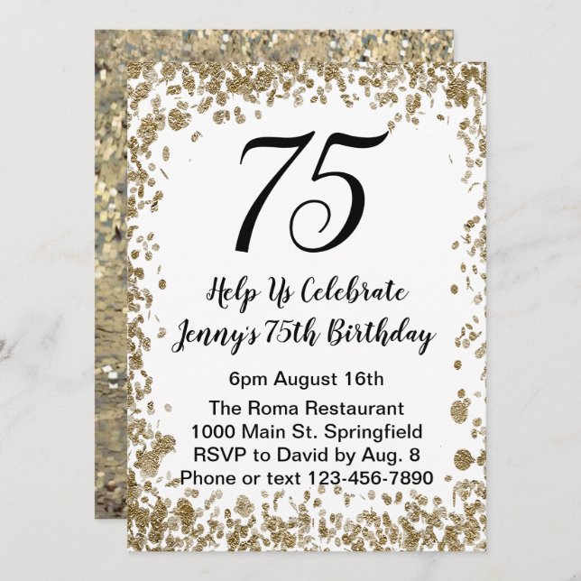 Elegant 75th Birthday Invitation in black and gold (Front/Back)