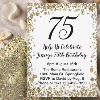 Elegant 75th Birthday Invitation in black and gold