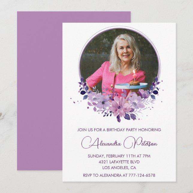 Elegant 75th birthday invitation Photo Floral Boho (Front/Back)