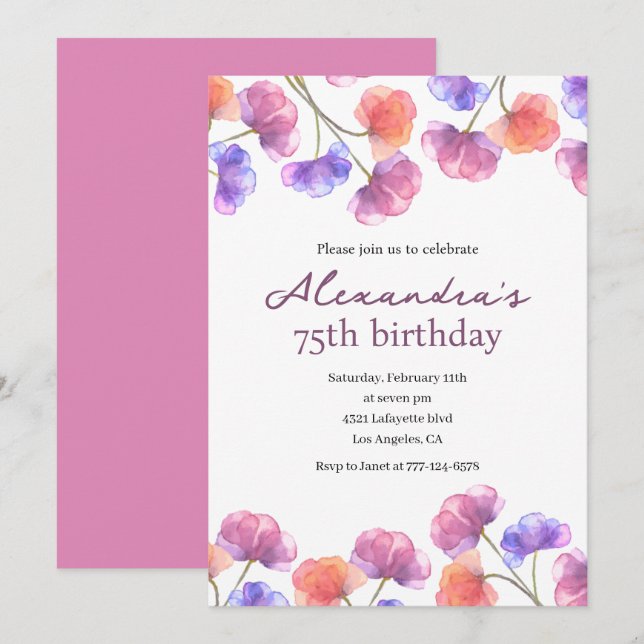 Elegant 75th birthday invitations Floral Chic (Front/Back)