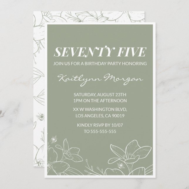 Elegant 75th birthday invitations Floral Green (Front/Back)