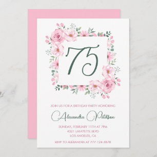 Elegant 75th birthday invitations Floral  Pink
