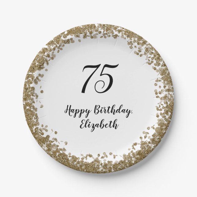 Elegant 75th Birthday Plates With Gold Sequins (Front)