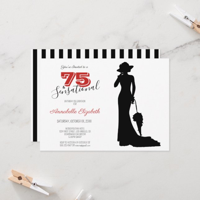 Elegant 75th Birthday Red/Black 75 & SENSATIONAL I Invitation (Front/Back In Situ)