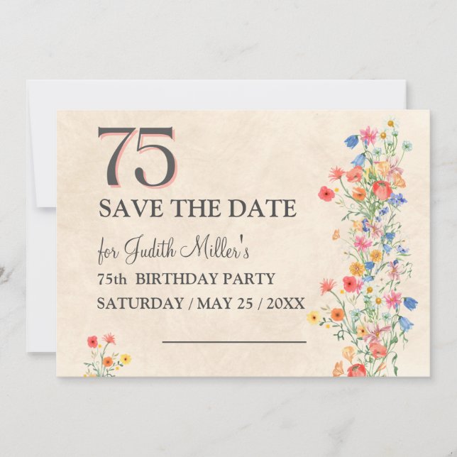 Elegant 75th Birthday – Wildflower Design Save The Date (Front)