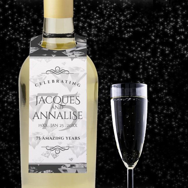 Elegant 75th Diamond Wedding Anniversary Bottle Tag (75th Wedding Anniversary Bottle Hanger Cover Photo.)