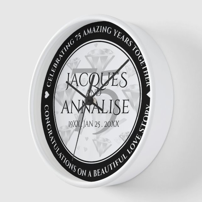 Elegant 75th Diamond Wedding Anniversary Clock (Angle)