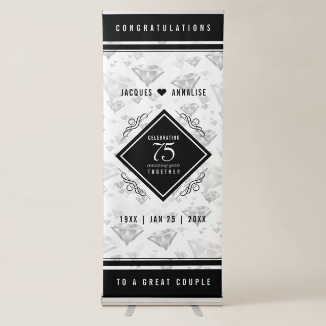 Elegant 75th Diamond Wedding Anniversary Retractable Banner (Front)
