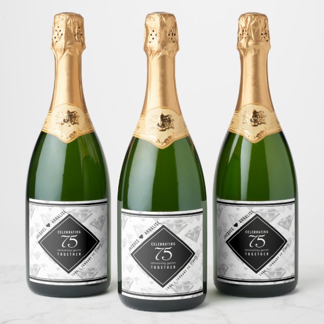 Elegant 75th Diamond Wedding Anniversary Sparkling Wine Label (Bottles)