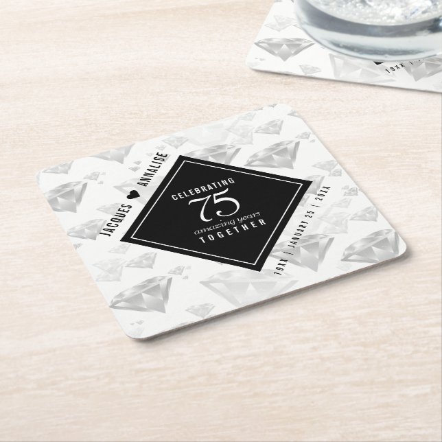 Elegant 75th Diamond Wedding Anniversary Square Paper Coaster (Angled)