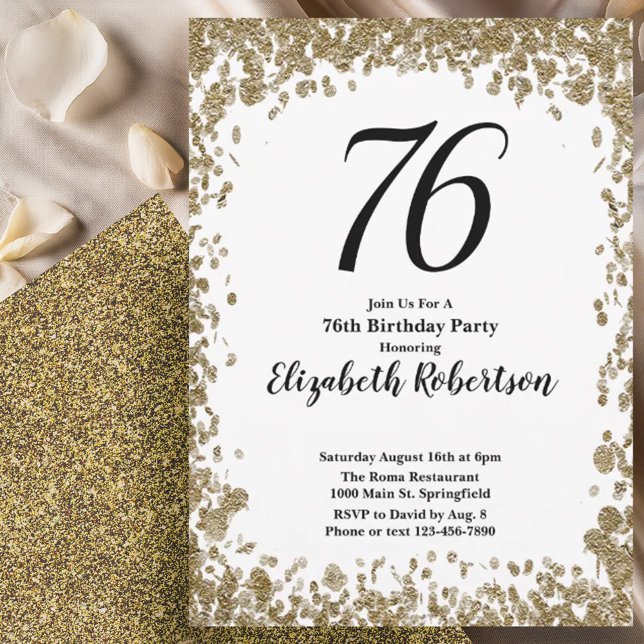 Elegant 76th Birthday Invitation With Gold Sequins (Creator Uploaded)