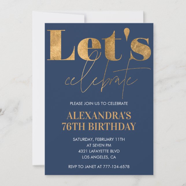 Elegant 76th birthday invitations Navy Blue Gold  (Front)