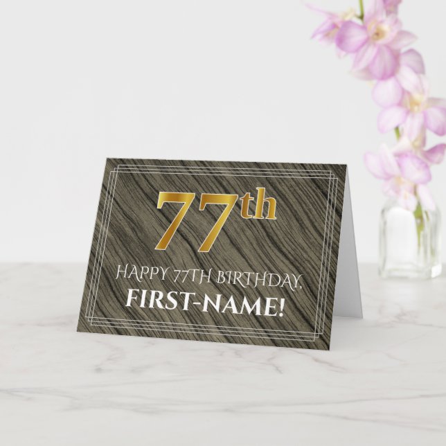Elegant 77th Birthday: Faux Wood, Faux Gold Look Card (Orchid)