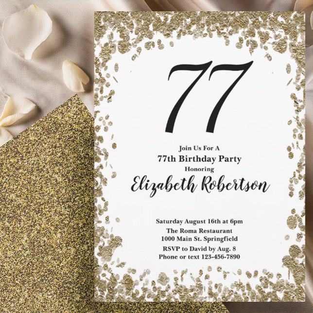 Elegant 77th Birthday Invitation With Gold Sequins (Creator Uploaded)