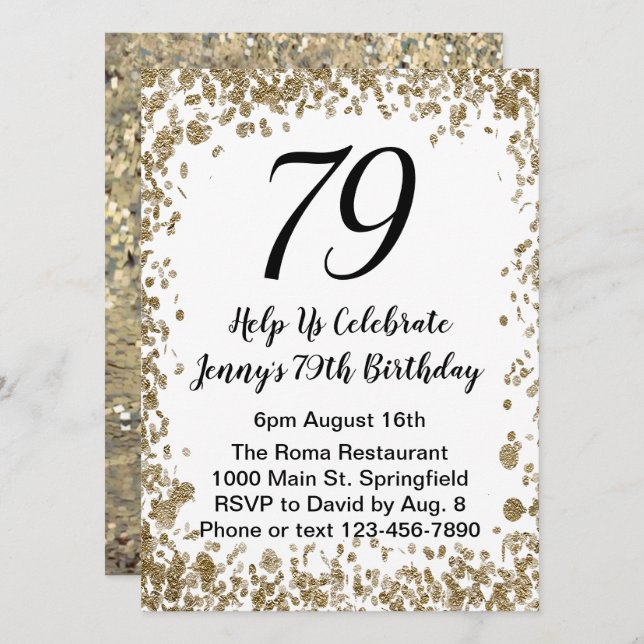 Elegant 79th Birthday Invitation in black and gold (Front/Back)