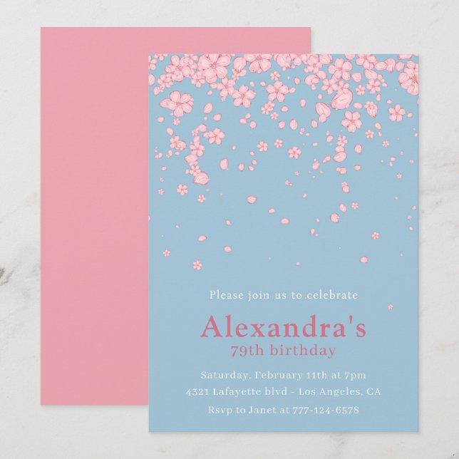 Elegant 79th birthday invitations Floral Pink Blue (Front/Back)