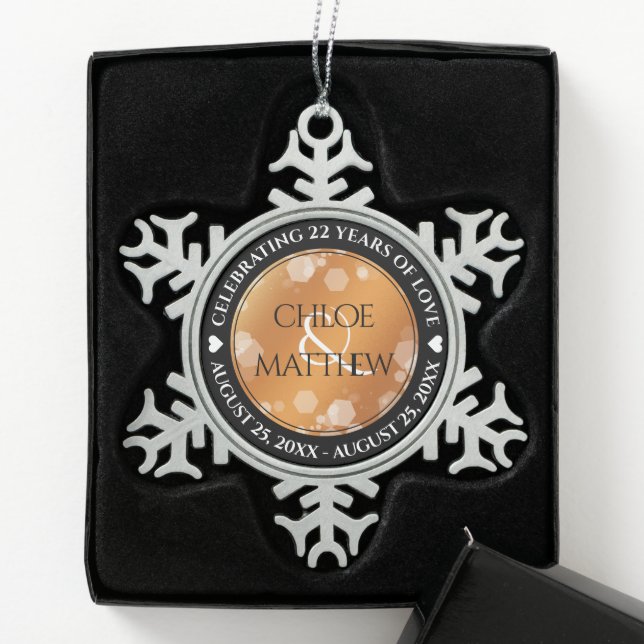 Elegant 7th 22nd 49th Copper Wedding Anniversary Snowflake Pewter Christmas Ornament (Box)