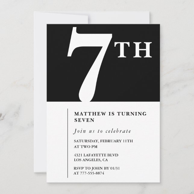 Elegant 7th birthday invitation Black Chic Boy (Front)