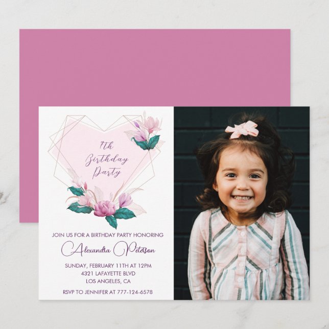 Elegant 7th birthday invitations Floral Photo (Front/Back)