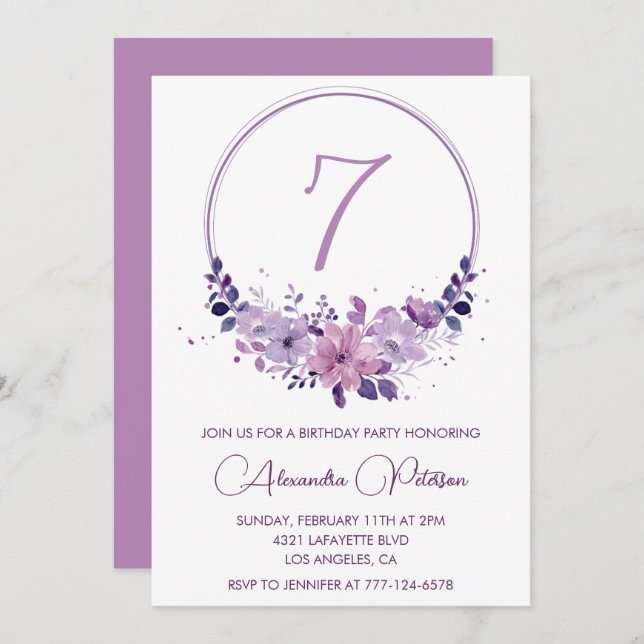 Elegant 7th birthday invitations Floral Purple (Front/Back)