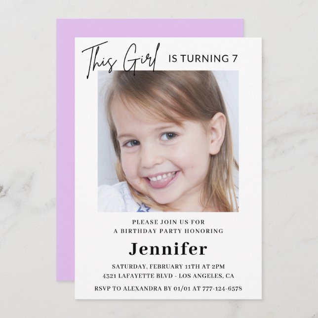 Elegant 7th birthday invitations Photo Girl Modern (Front/Back)