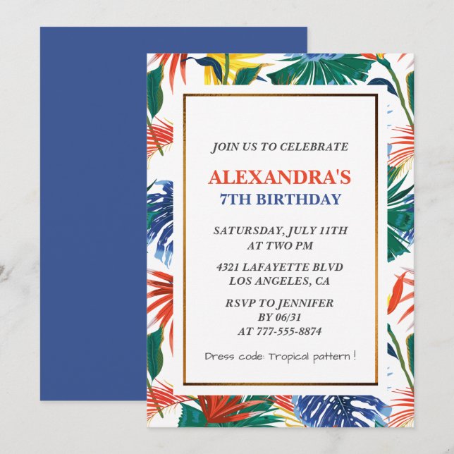 Elegant 7TH birthday invitations Tropical Party  (Front/Back)