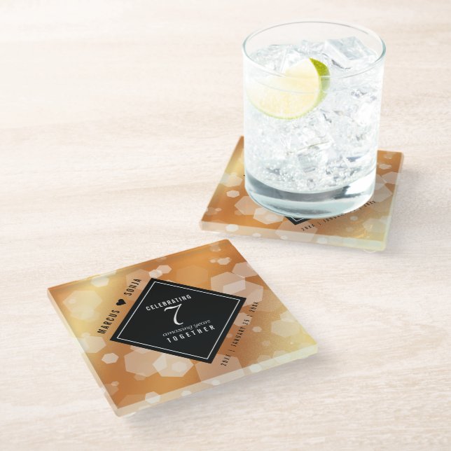 Elegant 7th Copper Wedding Anniversary Celebration Glass Coaster (Angled)