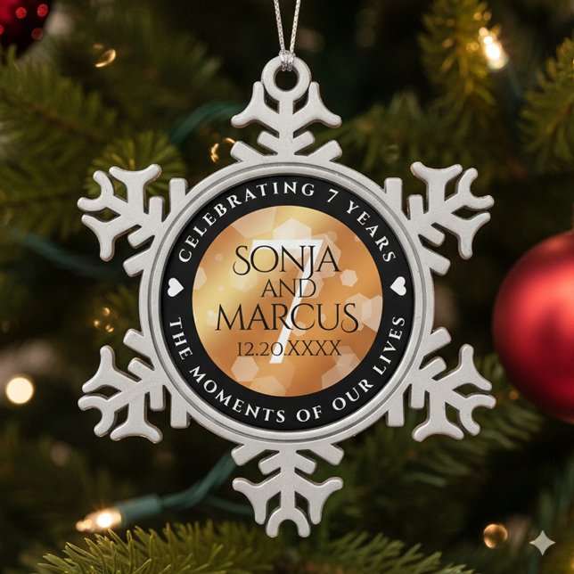 Elegant 7th Copper Wedding Anniversary Celebration Snowflake Pewter Christmas Ornament (7th Copper Wedding Anniversary Snowflake Pewter Ornament Cover Photo)