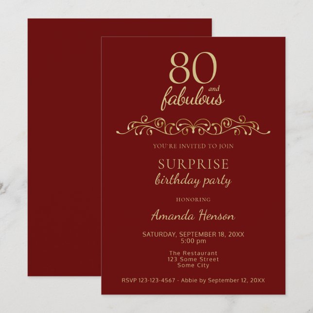 Elegant 80 and Fabulous Ornament 80th Birthday Invitation (Front/Back)