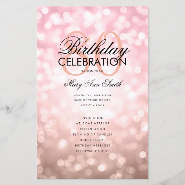 Elegant 80 Birthday Program Lights Rose Gold Menu (Front)
