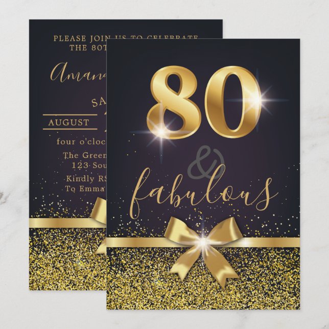 Elegant 80 & Fabulous Gold Glitter 80th Birthday Invitation (Front/Back)