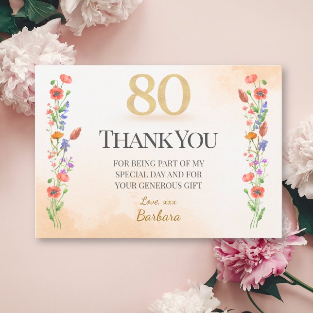Elegant 80th Birthday – 80 Years Wildflowers Thank You Card (Creator Uploaded)