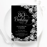 Elegant 80th Birthday Black Silver Roses Invitation<br><div class="desc">Black silver floral 80th birthday party invitation. Elegant design featuring roses,  faux silver foil and typography script font. Trendy invite card perfect for a stylish female bday celebration. Can be customised to any age. Personalise with your own details. Printed Zazzle invitations or instant download digital printable template.</div>