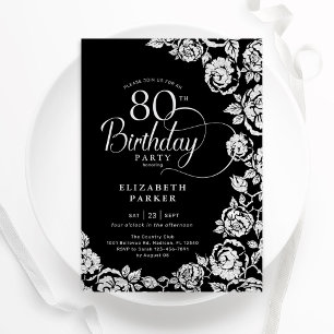 Elegant 80th Birthday Black Silver Roses Invitation